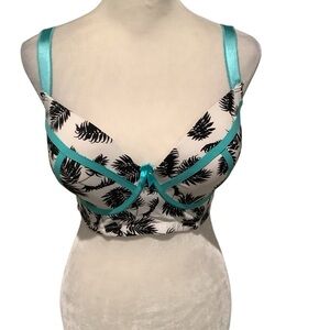 Elegant Teal and Black Leaf Print Bra WORN ONCE
